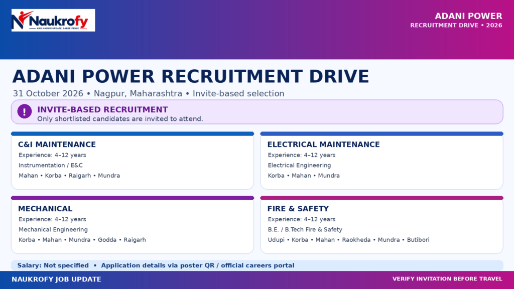 Adani Power Recruitment Drive 2026 date 31 October Nagpur invite based recruitment