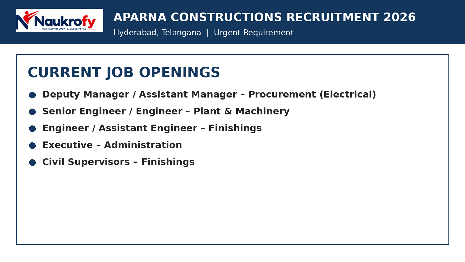 Aparna Constructions Recruitment 2026 Hyderabad construction jobs
