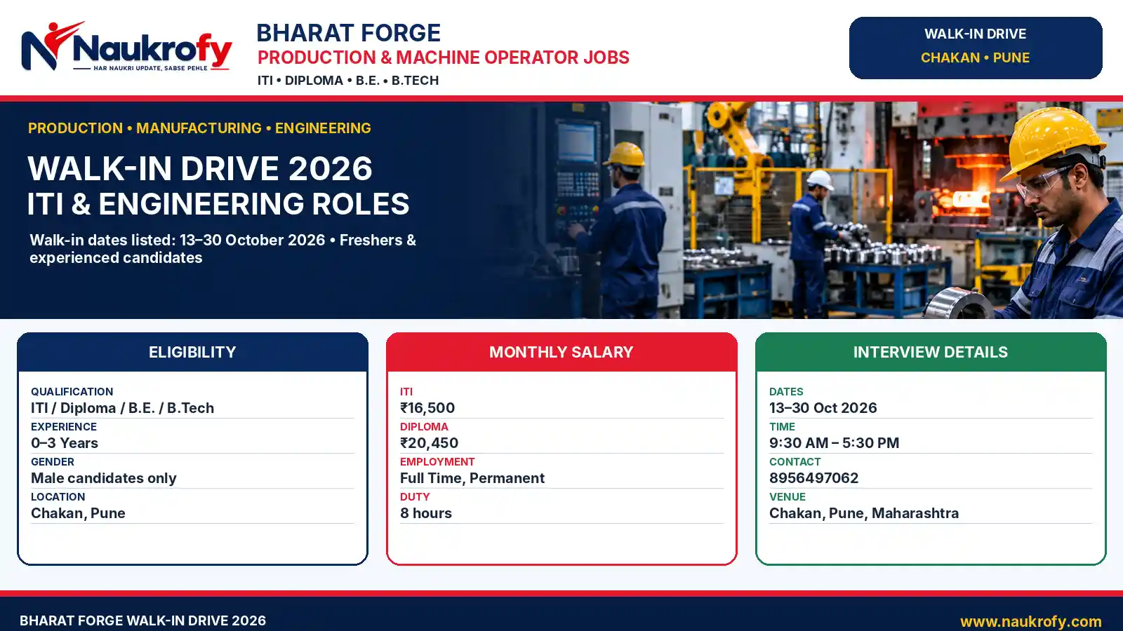 Bharat Forge Walkin Drive 2026 Production Operator Machine Operator ITI Diploma jobs