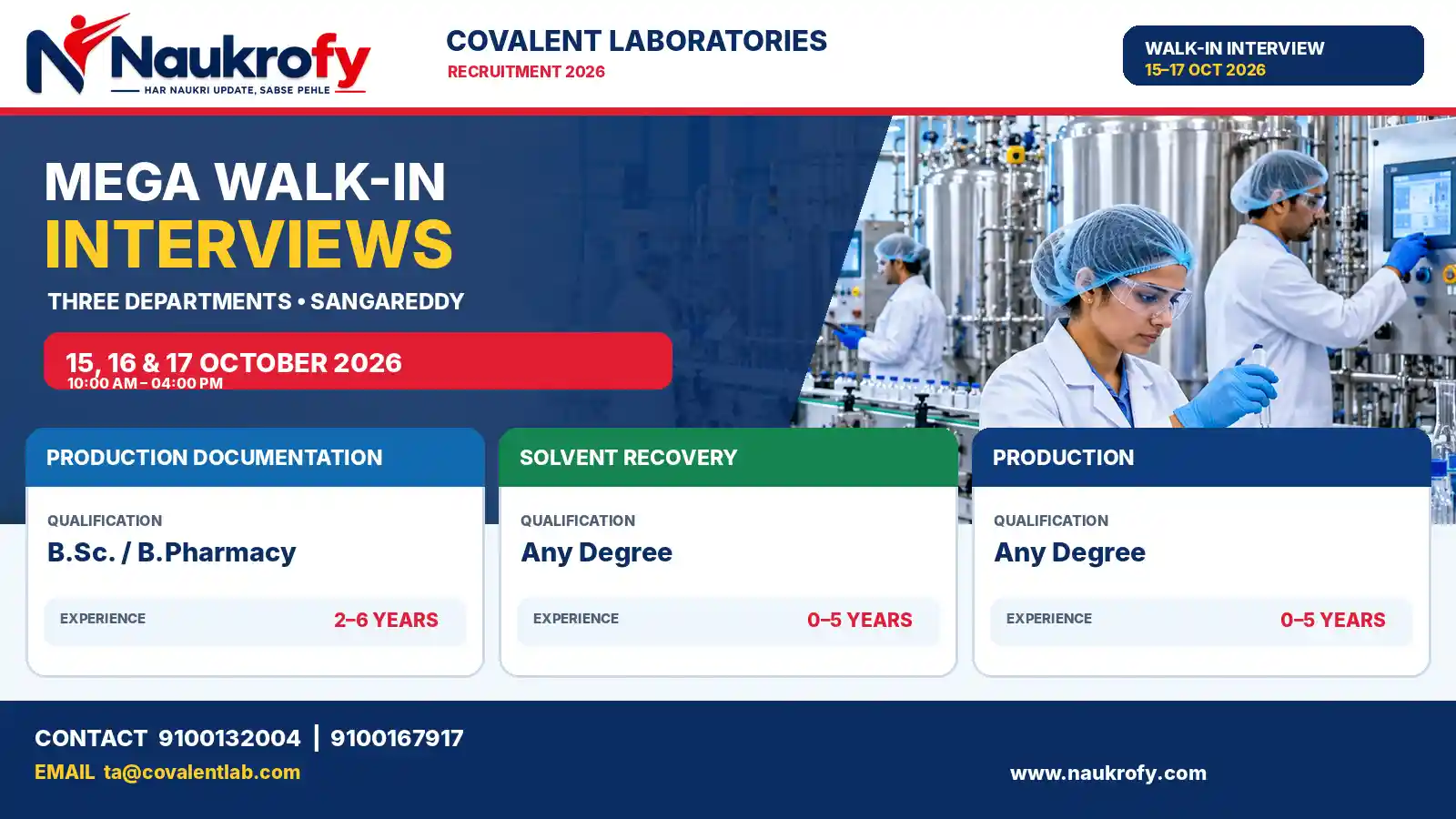 Covalent Laboratories Walk-In Interview 2026 for Production Documentation Solvent Recovery and Production jobs