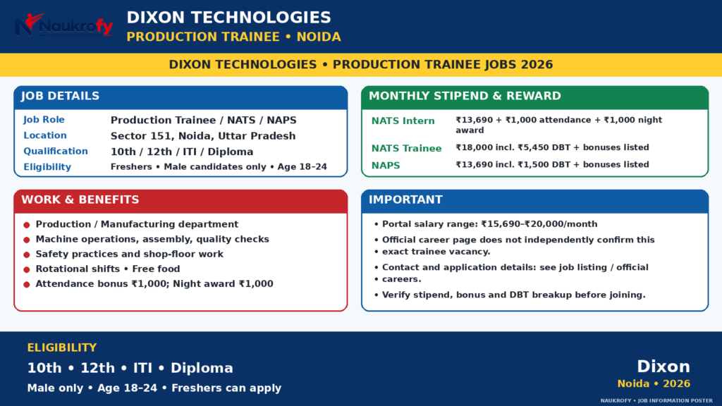 Dixon Production Trainee Jobs 2026 Noida 10th 12th ITI Diploma age 18 to 24 stipend