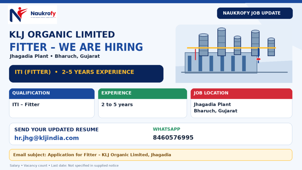 KLJ Organic Fitter Jobs 2026 at Jhagadia Plant Bharuch Gujarat for ITI Fitter with 2 to 5 years experience