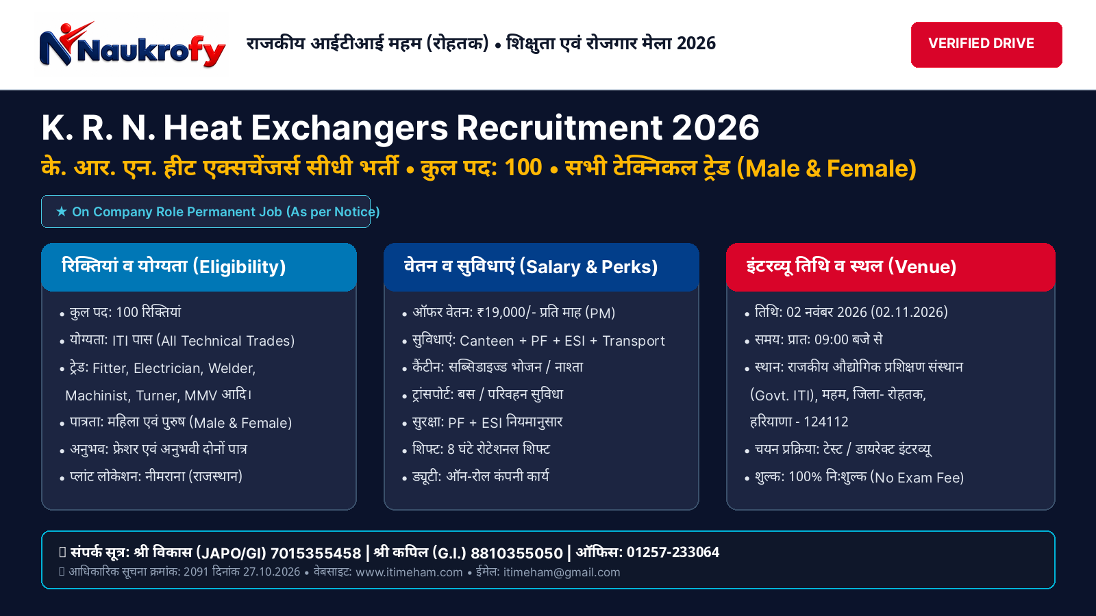 K. R. N. Heat Exchangers Recruitment 2026 Featured Poster - 100 ITI Vacancies Walkin Interview at Govt ITI Meham Rohtak