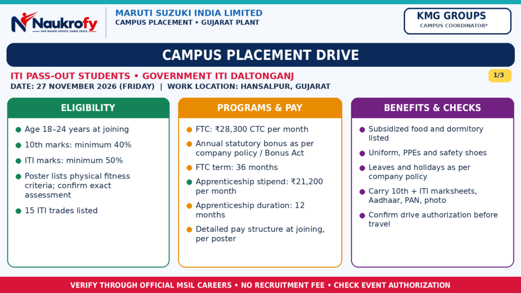 Maruti Suzuki Campus Placement 2026 Government ITI Daltonganj ITI eligibility age 18 to 24 salary and drive date
