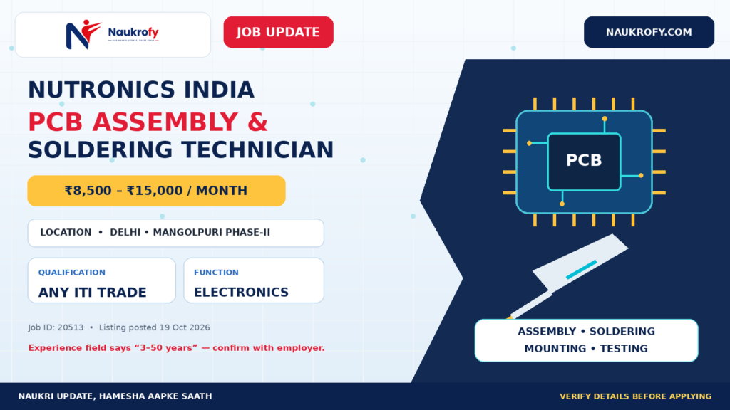Nutronics India Jobs 2026 PCB Assembly and Soldering Technician Delhi Any ITI