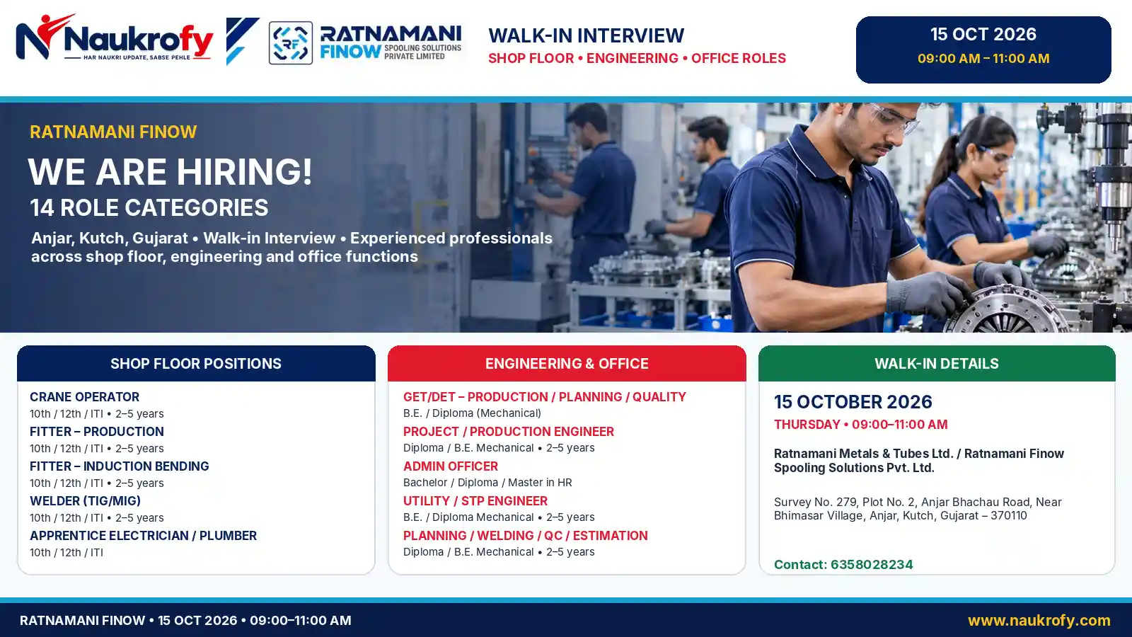 Ratnamani Finow Walk-In Interview 2026 Anjar Kutch shop floor engineering office job