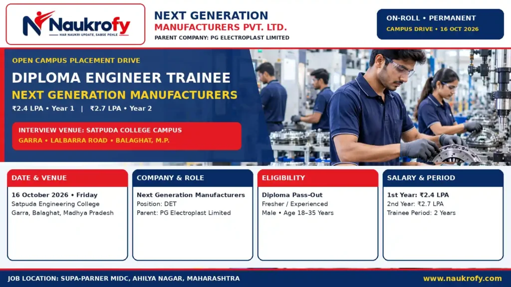 Next Generation Manufacturers Campus Placement 2026 Diploma Engineer Trainee DET Jobs