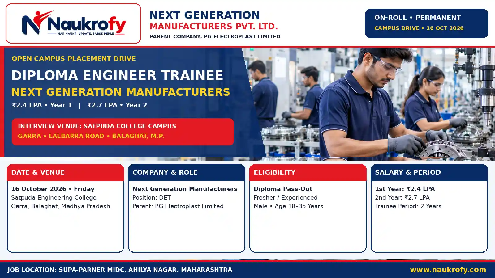 Next Generation Manufacturers Campus Placement 2026 Diploma Engineer Trainee DET Jobs