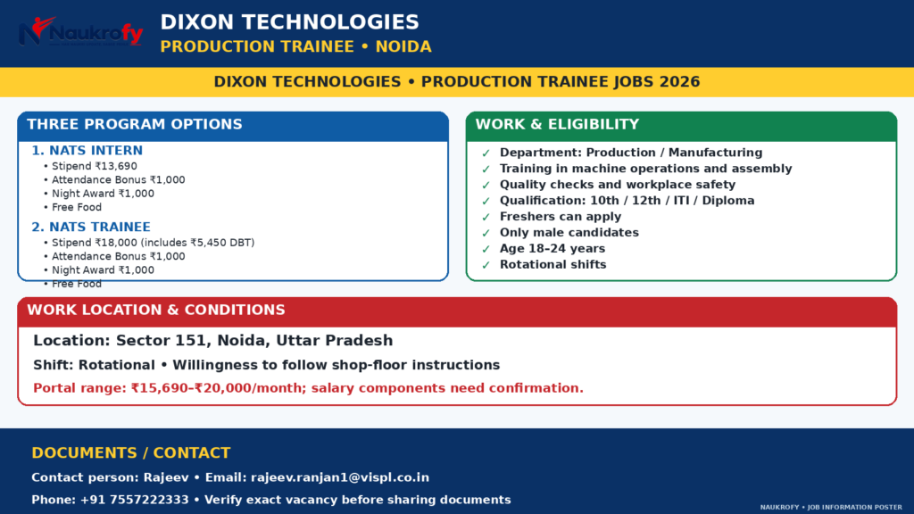 Dixon Production Trainee Jobs 2026 NATS Intern NATS Trainee NAPS stipend DBT attendance bonus night award
