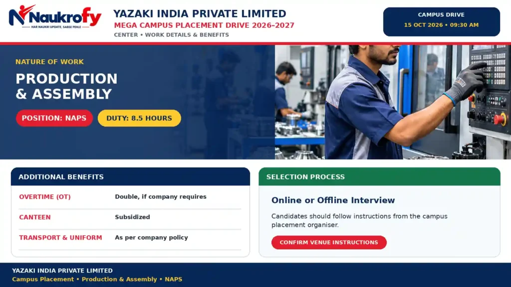 Yazaki India Campus Placement 2026 production assembly duty and benefits