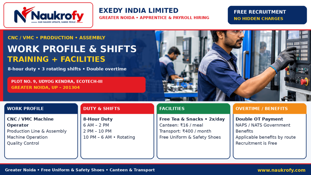 EXEDY India Recruitment 2026 CNC VMC machine operator production shifts