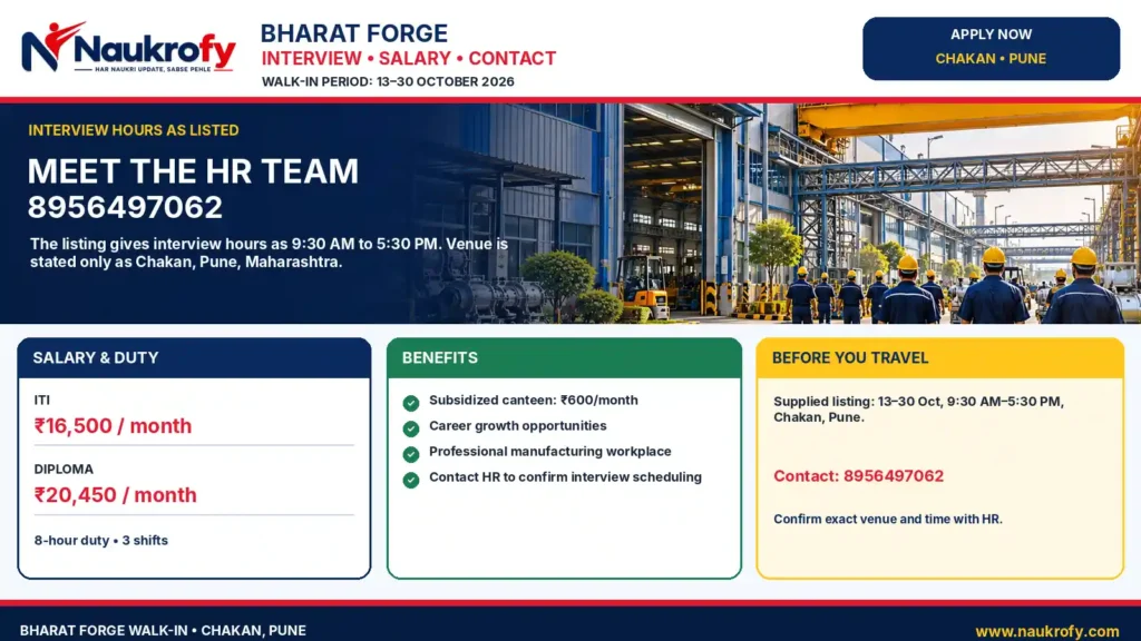 Bharat Forge Walkin Drive 2026 Chakan Pune interview dates time and contact number