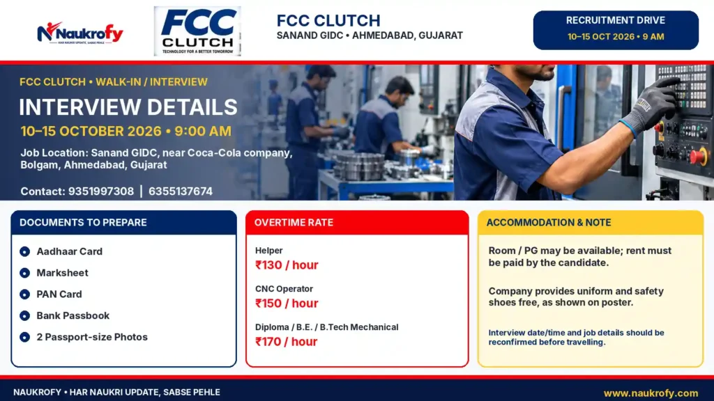 FCC Clutch Recruitment 2026 Sanand GIDC interview date time location and contact numbers