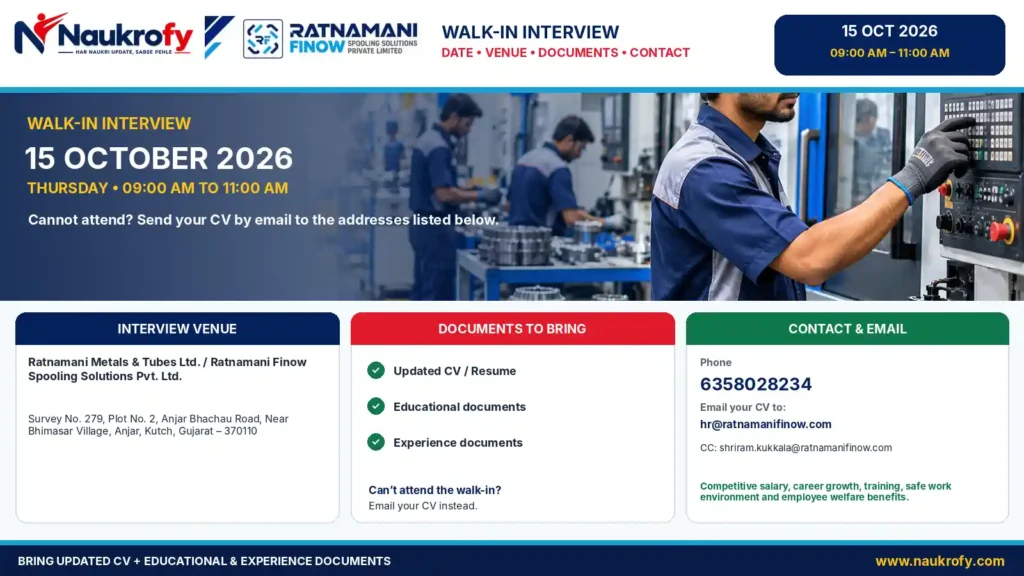 Ratnamani Finow Walk-In Interview 2026 15 October venue documents email and contact