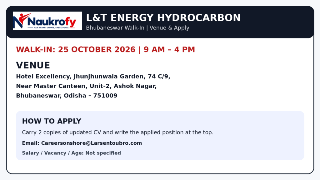 L&T Energy Hydrocarbon Recruitment 2026 Bhubaneswar walk in venue apply email