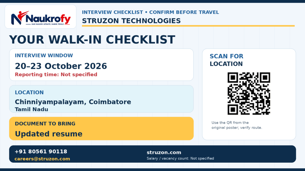Struzon Technologies Walk-in Interview 2026 contact phone email Coimbatore location and interview checklist
