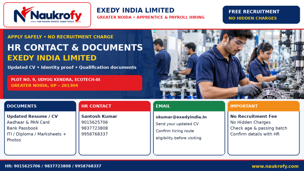 EXEDY India Recruitment 2026 HR contact documents and free recruitment