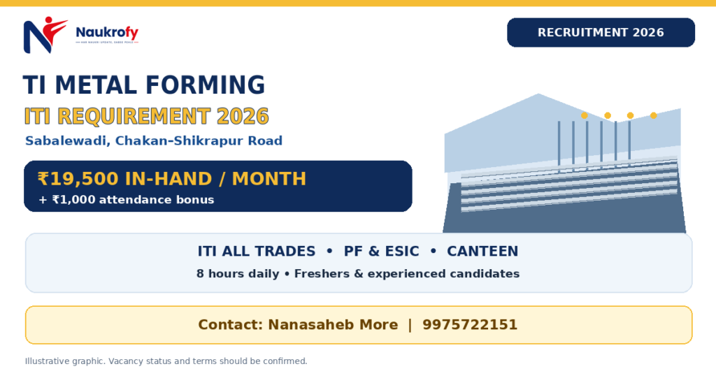 TI Metal Forming Recruitment 2026 ITI jobs in Sabalewadi Chakan Pune