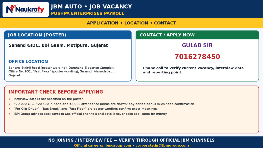 JBM Auto Jobs 2026 Sanand GIDC Motipura office address Gulab Sir contact and documents