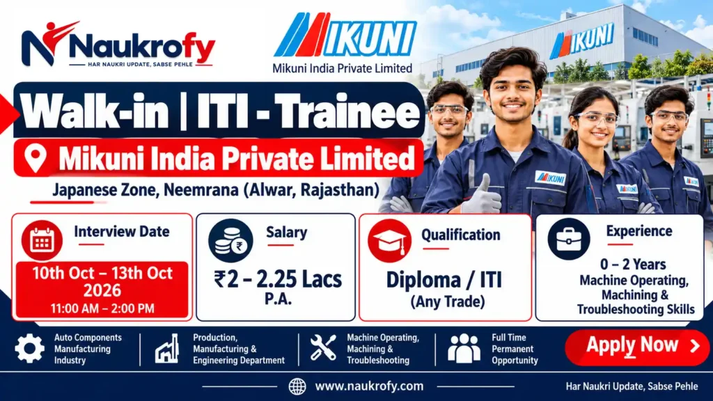 Mikuni India Walk-in ITI Trainee job in Neemrana Rajasthan